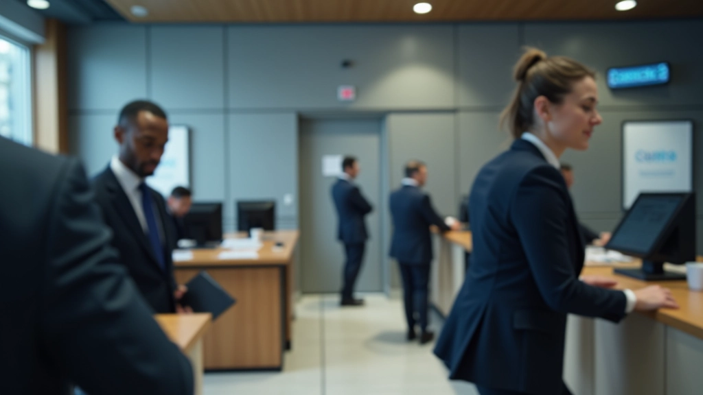 Interior of a modern banking institution showing professional workspace with financial displays and secure facilities