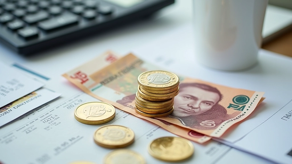 Czech koruna coins and banknotes arranged with calculator on financial documents