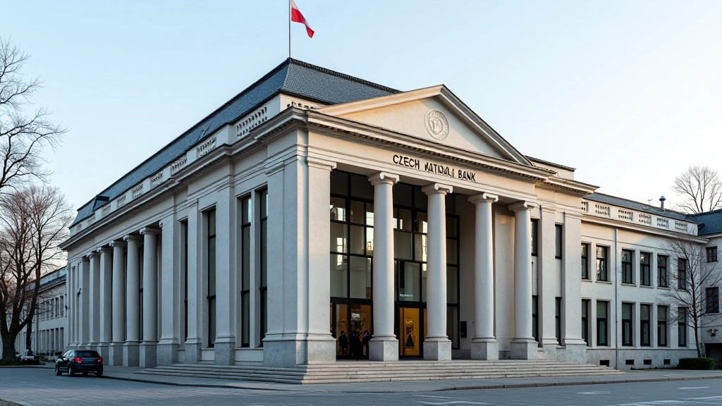 Czech National Bank building entrance with modern architecture and official signage