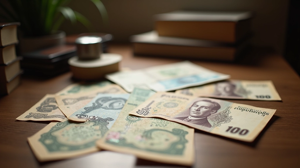 Historical documents and old Czech currency notes displayed on wooden surface with warm lighting