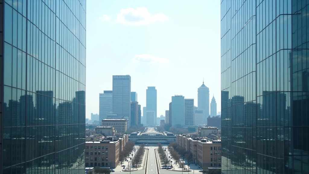 Modern financial district with banking buildings and digital displays showing economic data