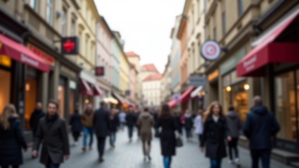 Modern Czech city street with shops and businesses showing 2000s-era economic growth period