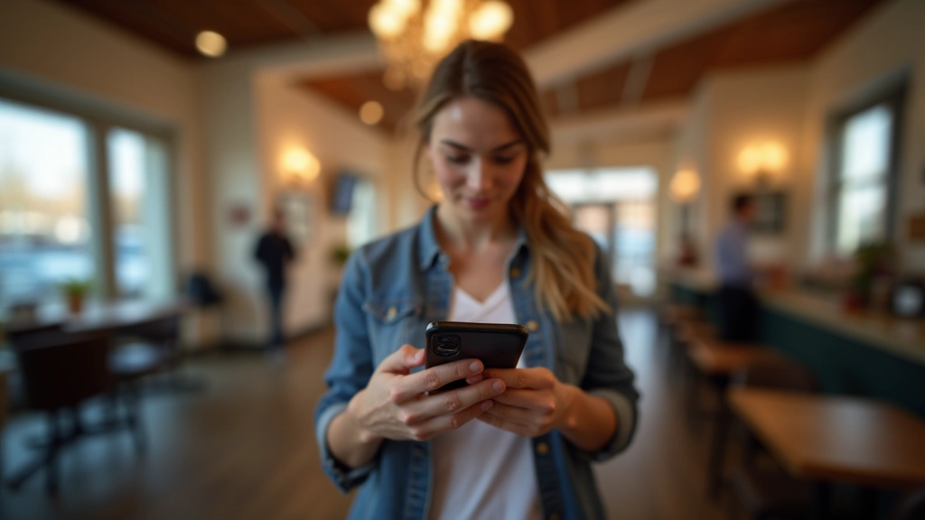 Person using mobile payment app on smartphone at café or retail location with transaction confirmation visible