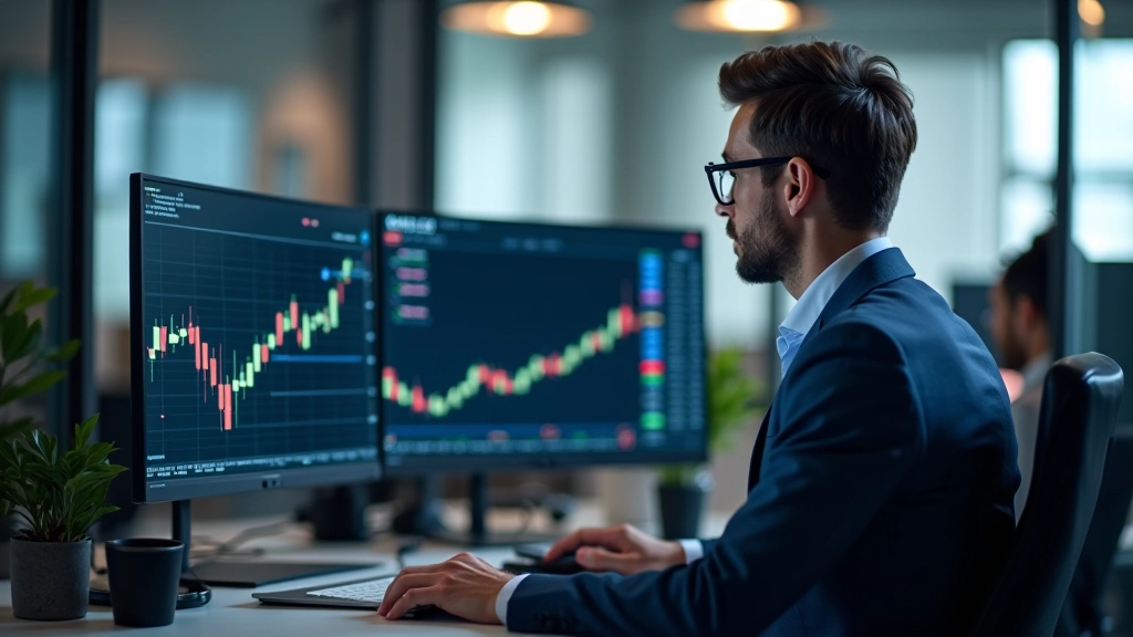 Financial analyst working at desktop with multiple monitors showing stock charts, market data, and trading dashboards in professional office setting