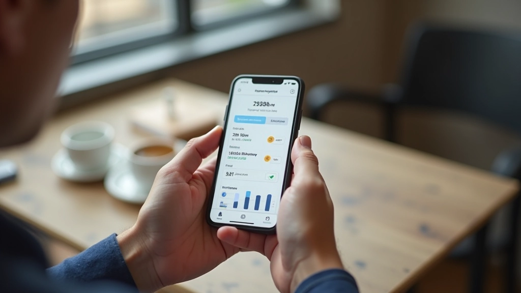 Person using smartphone mobile banking app with financial dashboard and transaction interface visible